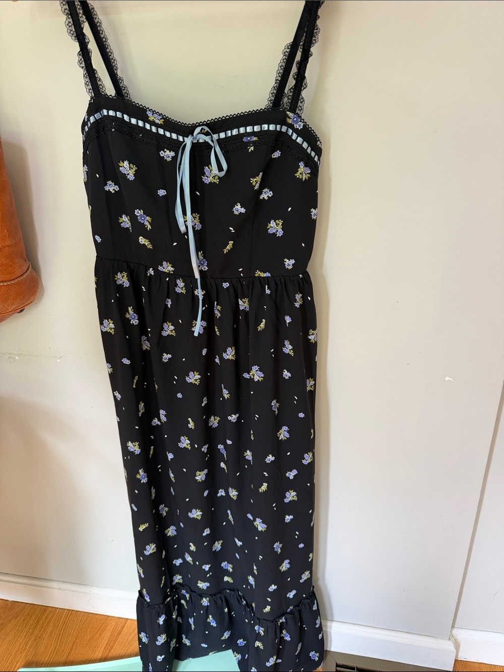 Black Floral Spaghetti-Strap Dress with Lavender Accents